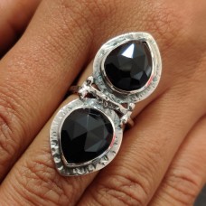 Black Onyx Pear bohemian silver ring